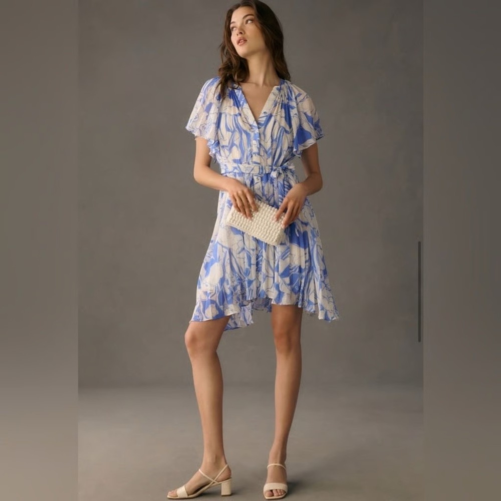 By Anthropologie Flutter Sleeve Mini Dress Blue White Floral‎ Print Women's XS